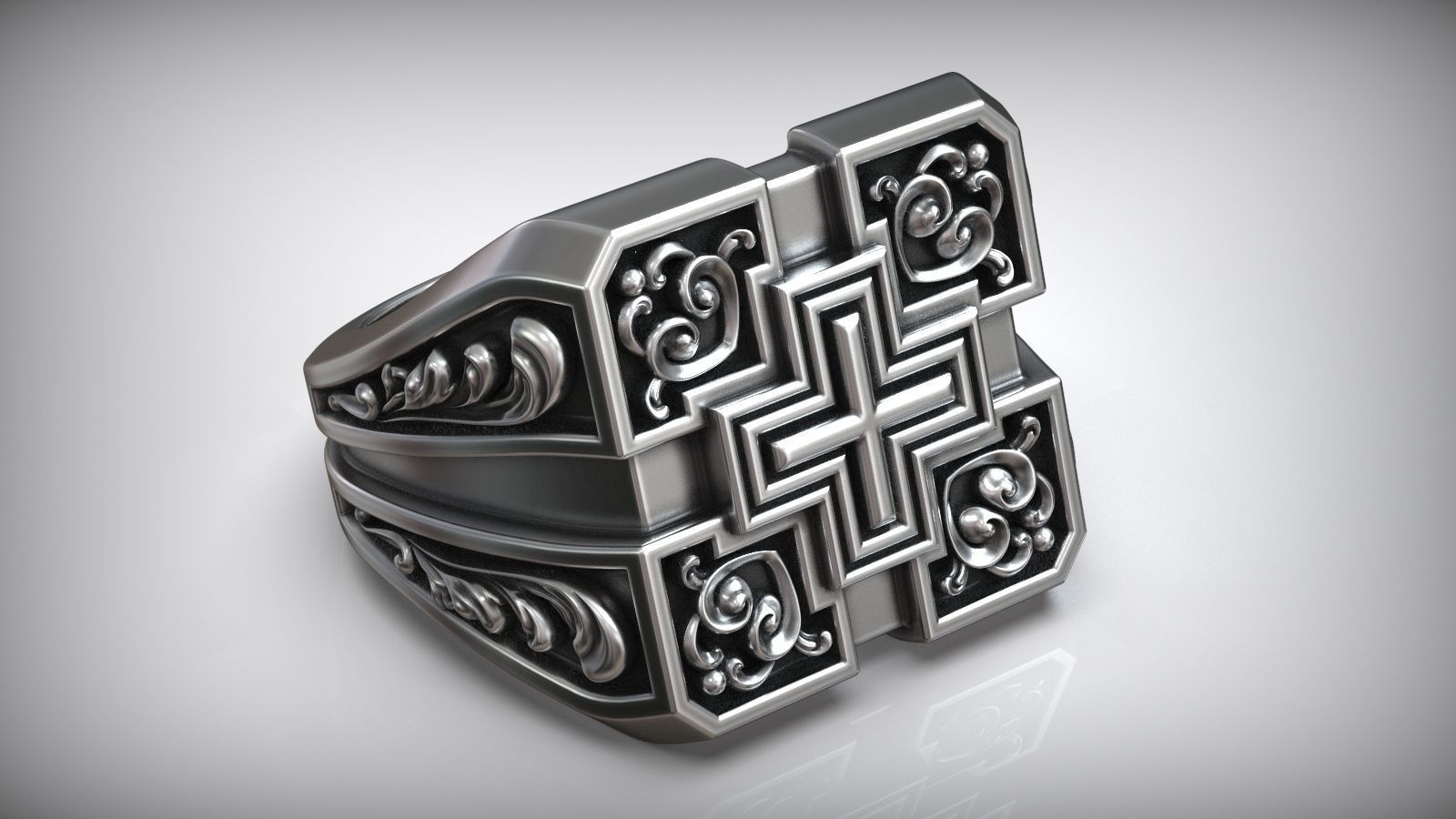 Square Cross Pattern Silver Signet 3D print model_3
