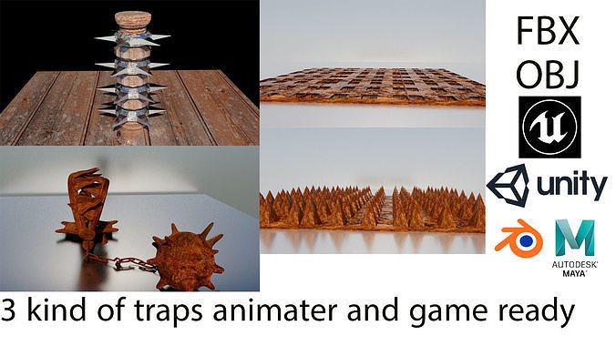 3d 3 kinds of animated traps ready for games Low-poly 3D model
