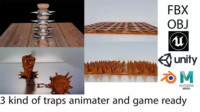 3d 3 kinds of animated traps ready for games Low-poly 3D model