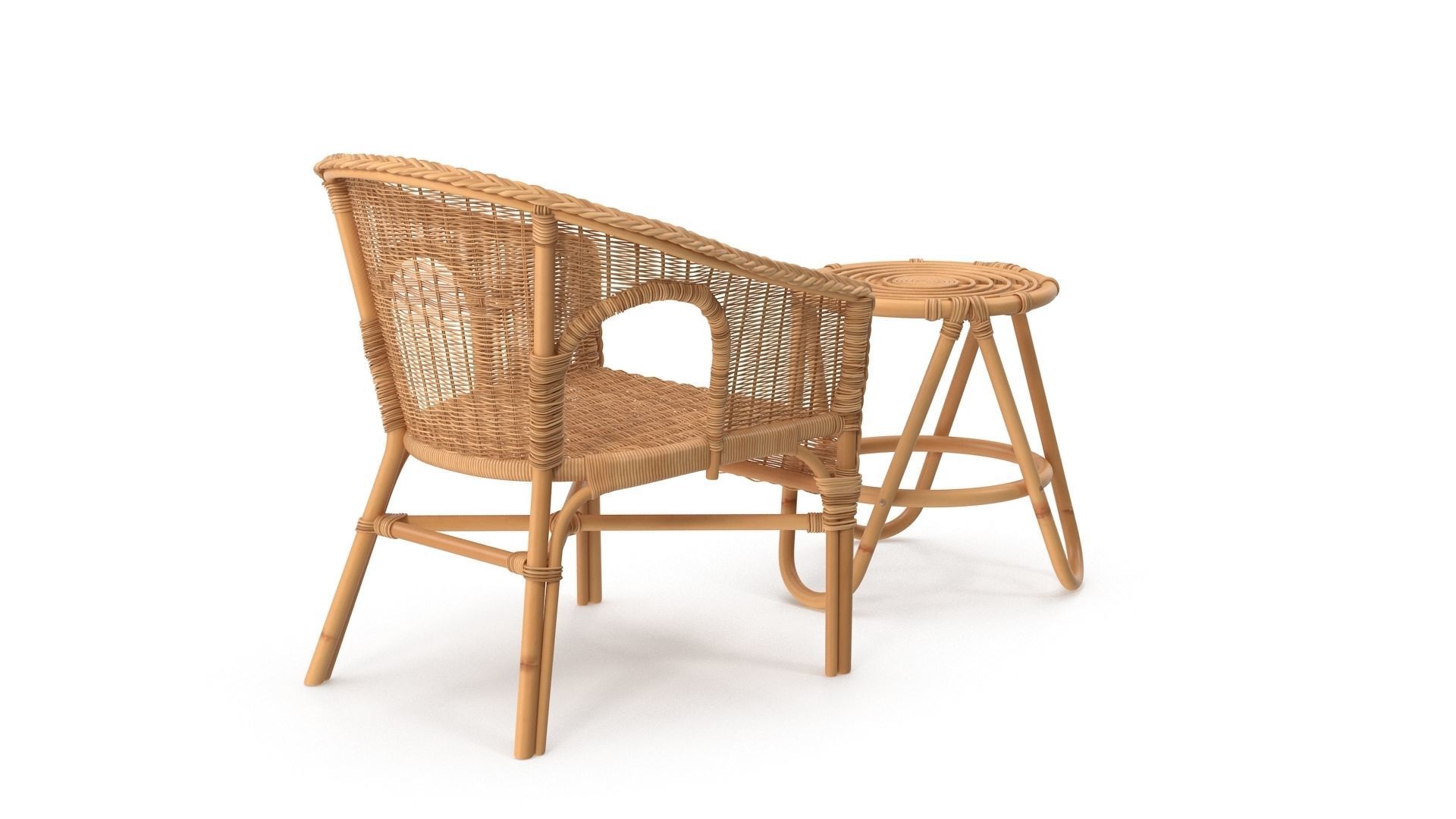 Bamboo Set rattan chair and stool Low-poly 3D model_3