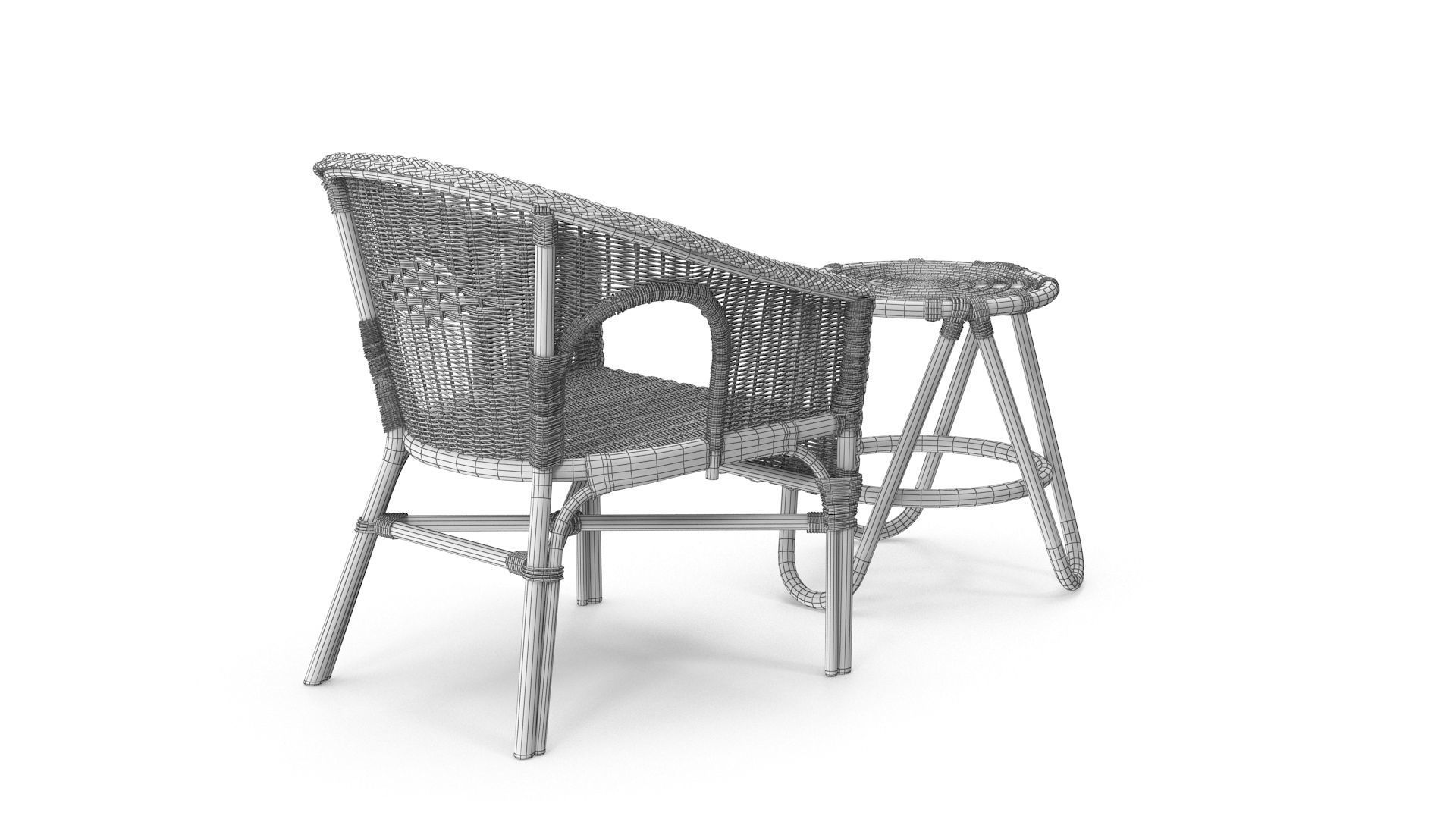 Bamboo Set rattan chair and stool Low-poly 3D model_8