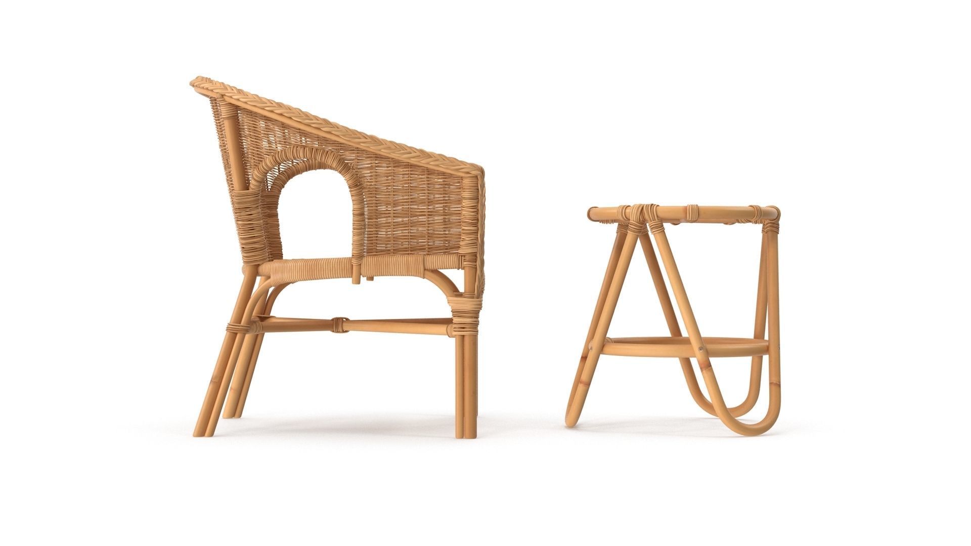 Bamboo Set rattan chair and stool Low-poly 3D model_2