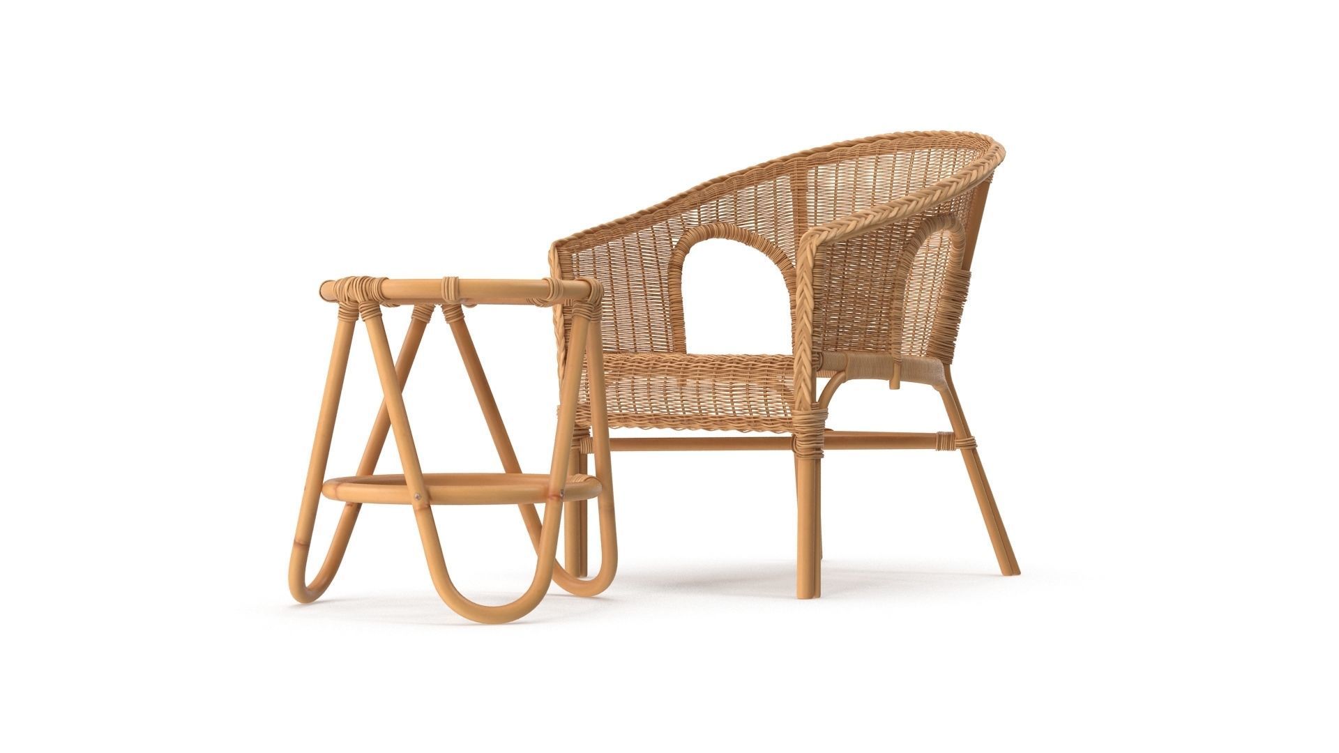 Bamboo Set rattan chair and stool Low-poly 3D model_4