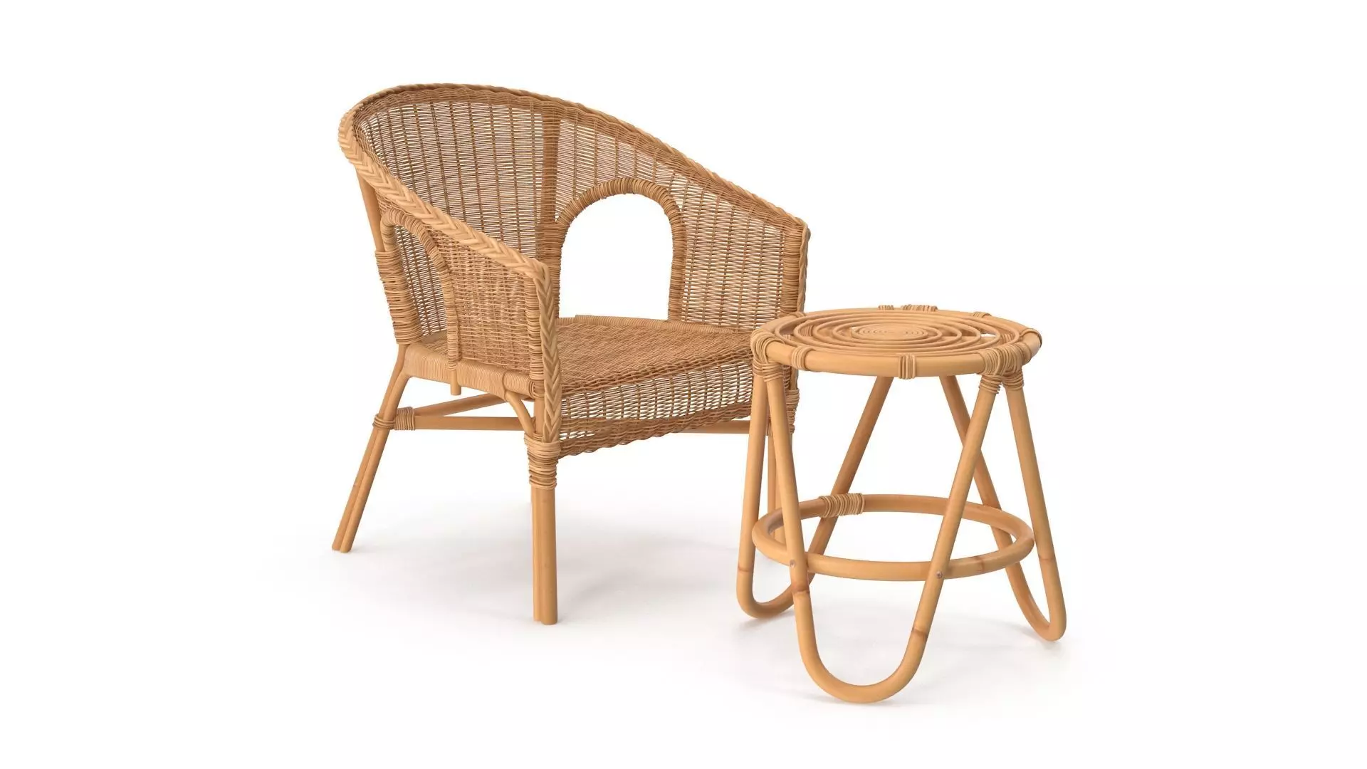 Bamboo Set rattan chair and stool Low-poly 3D model_0