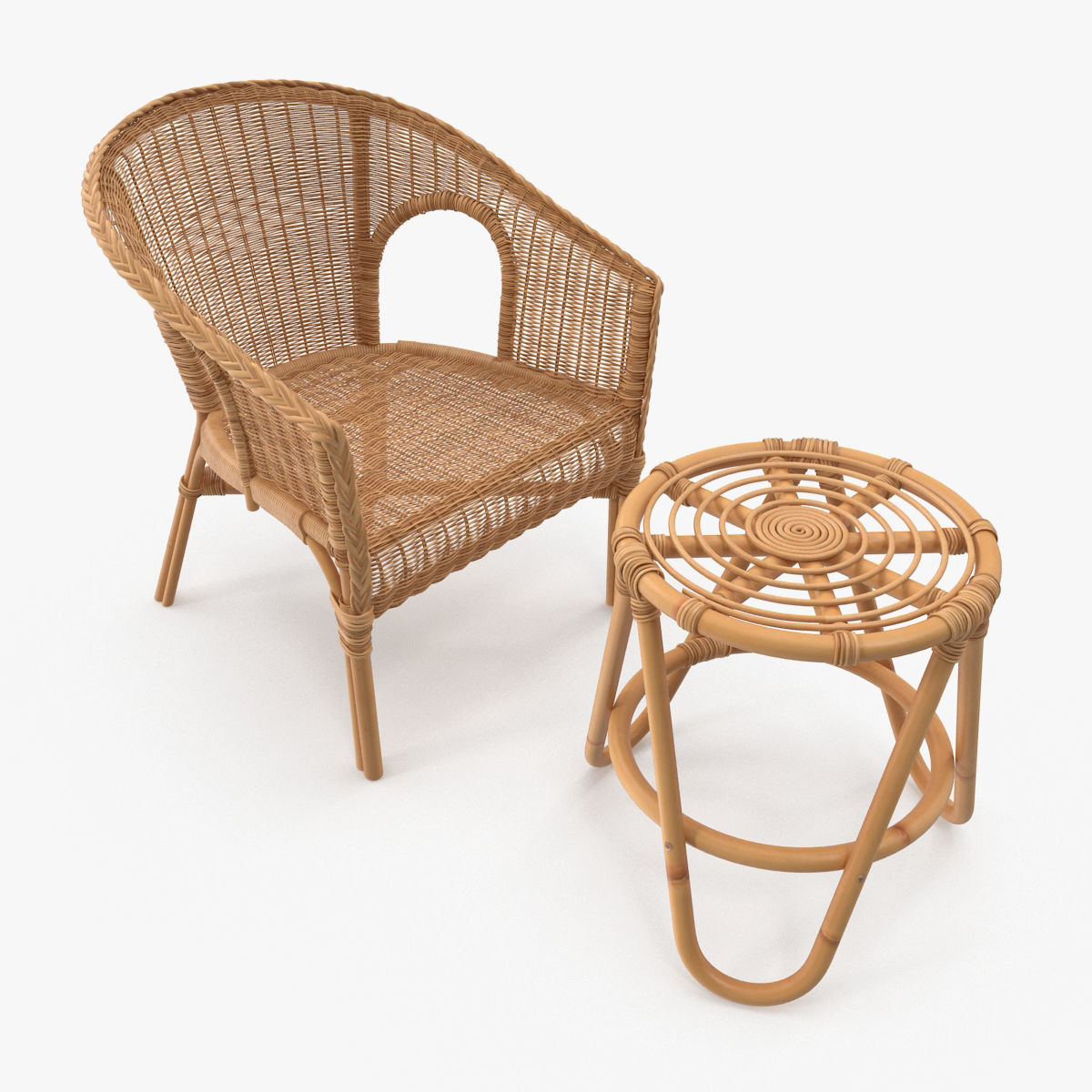 Bamboo Set rattan chair and stool Low-poly 3D model_1
