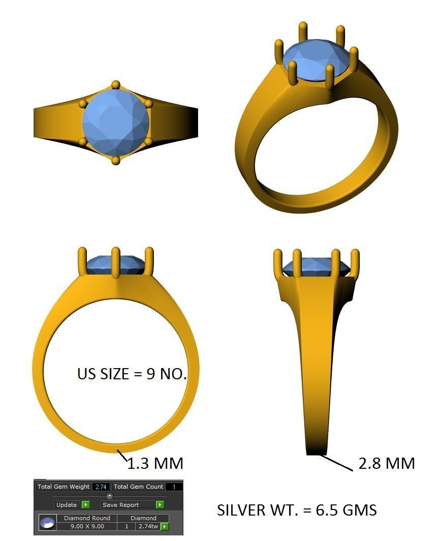 Fancy Cut Round Diamond Solitaire Engagement Rings 3D print model_3