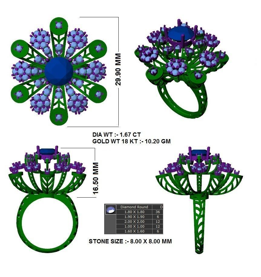 Cluster Flower Bridal Ring 3dm STL OBJ FBX Renders Details 3D print model_3