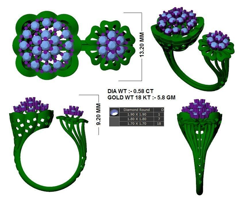 Open End Cluster Flower Ring 3dm STL Renders Details 3D print model_3