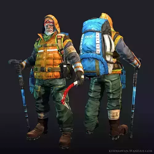 Adventurer two men with backpacks and poles Low-poly 3D model