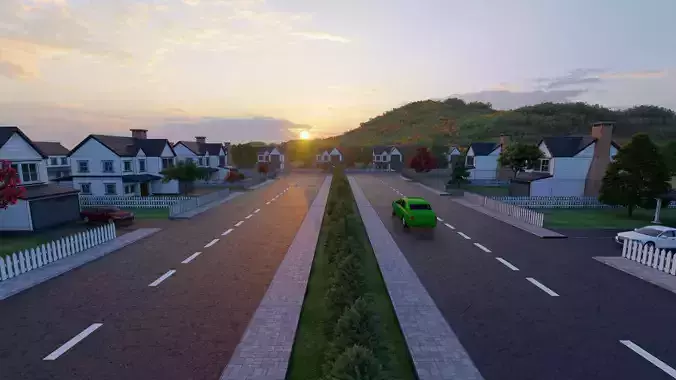 3D Neighborhood Model 6 residential street at sunset 3D model
