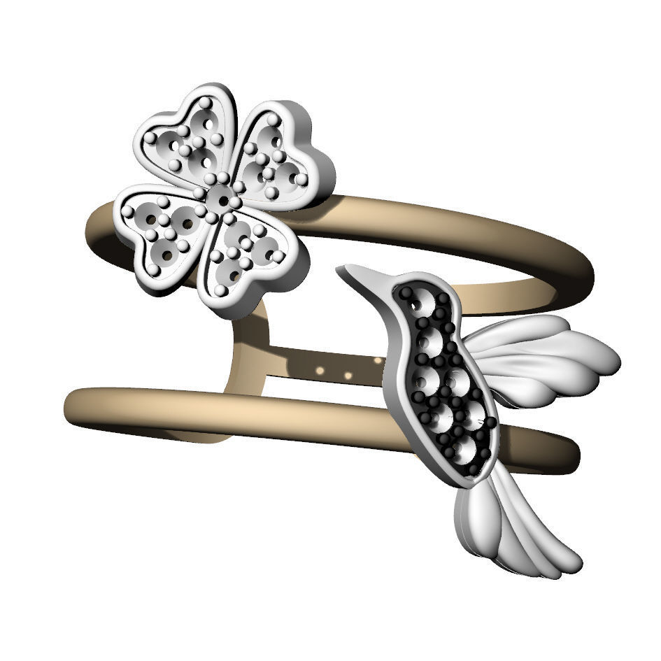Ring with hummingbird and flower 3D print model_8