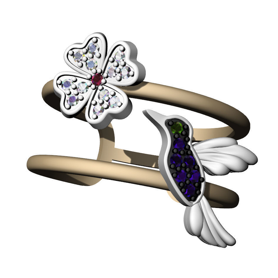 Ring with hummingbird and flower 3D print model_7