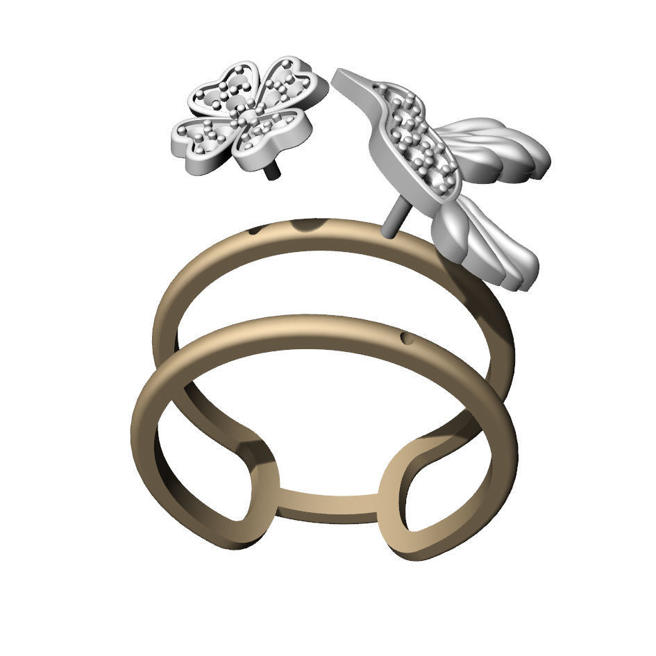 Ring with hummingbird and flower 3D print model_9