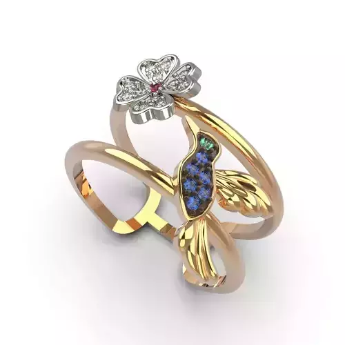 Ring with hummingbird and flower