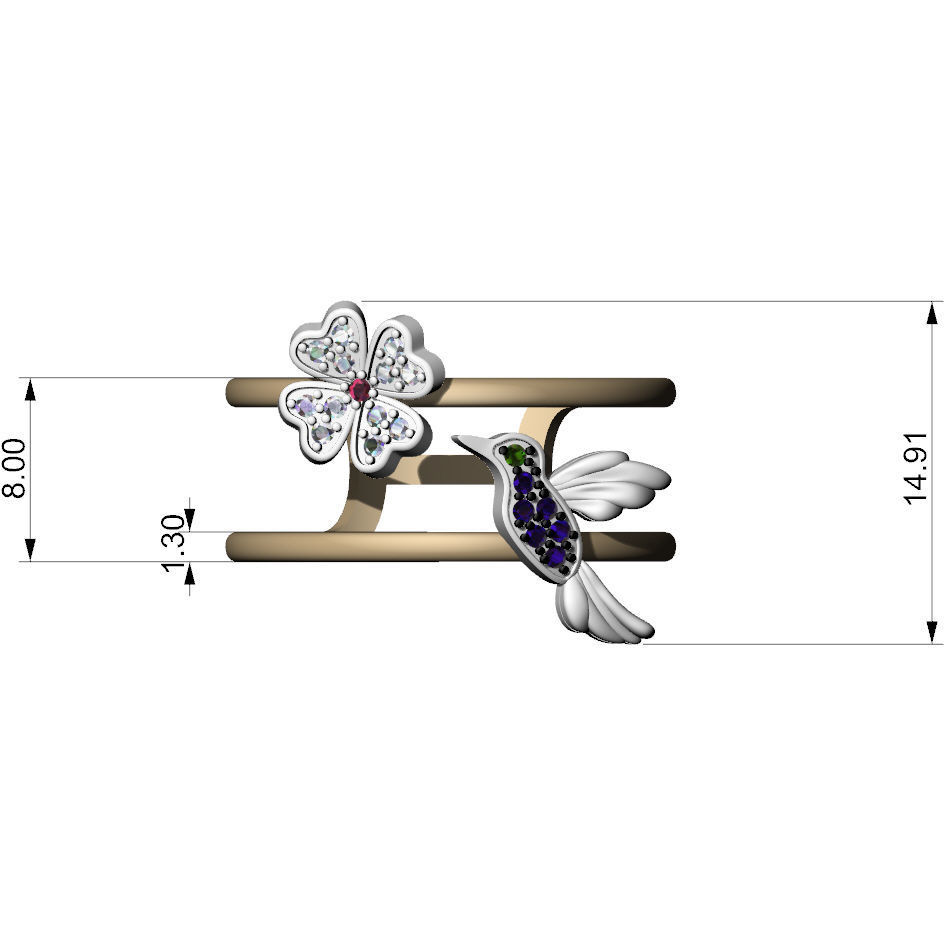 Ring with hummingbird and flower 3D print model_2