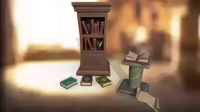 Stylized set stone stand bookcase books papyrus scrolls  Low-poly 3D model