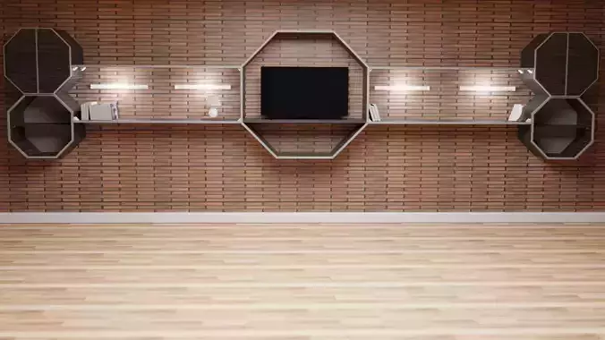 Furniture empty room with brick wall and shelves