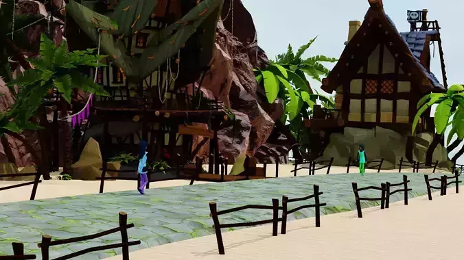 GameReady Island Scene Animated Characters Camera Lighting Setup Low-poly 3D model