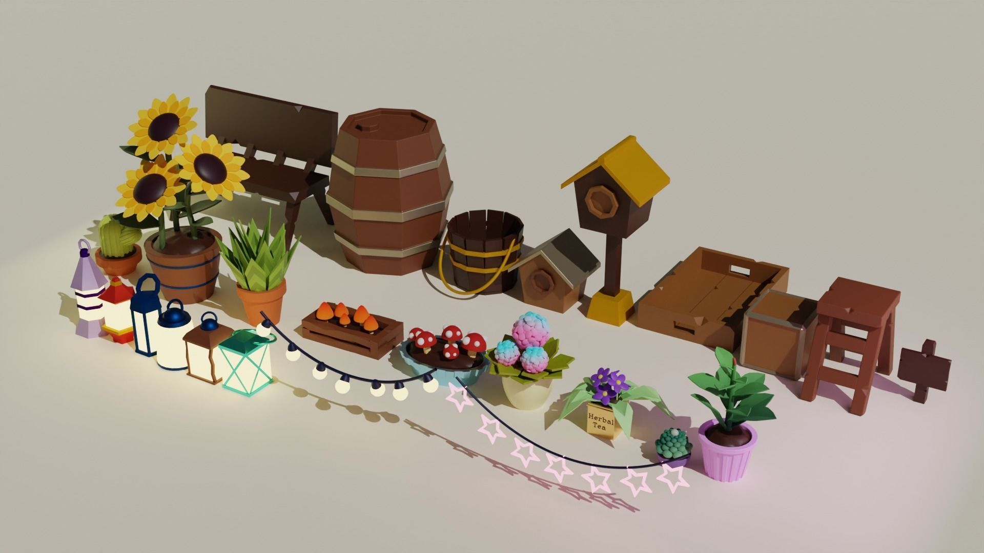 A set of props for the garden Low-poly 3D model_2