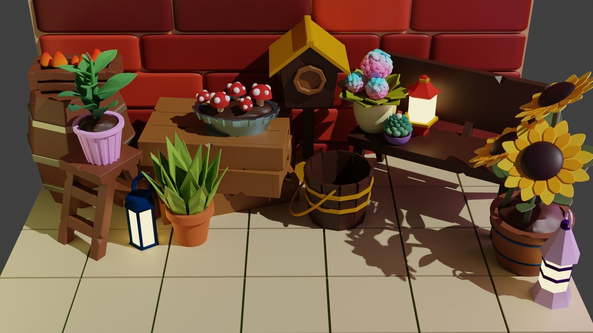 A set of props for the garden Low-poly 3D model_1