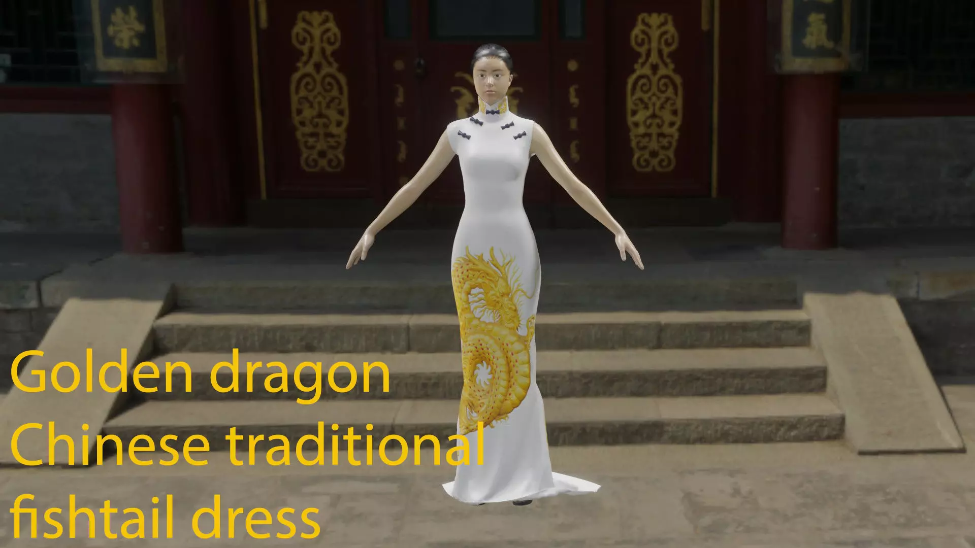 Embroidery golden dragon Chinese traditional party dress Low-poly 3D model_0
