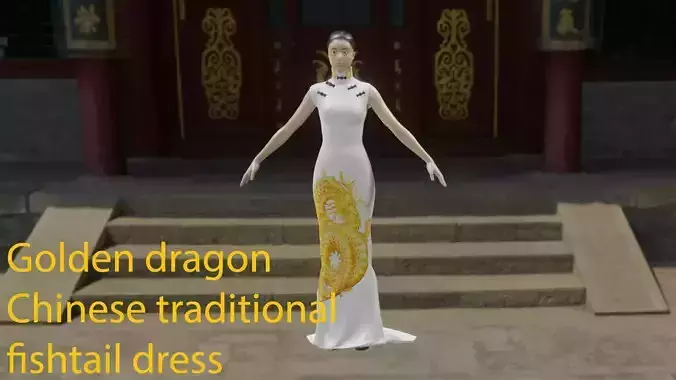Embroidery golden dragon Chinese traditional party dress Low-poly 3D model