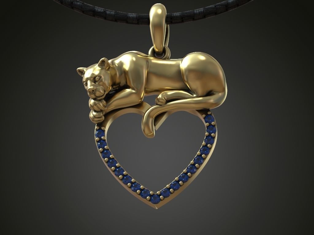 Pendant panther cat lion heart diamonds 3D print model_1