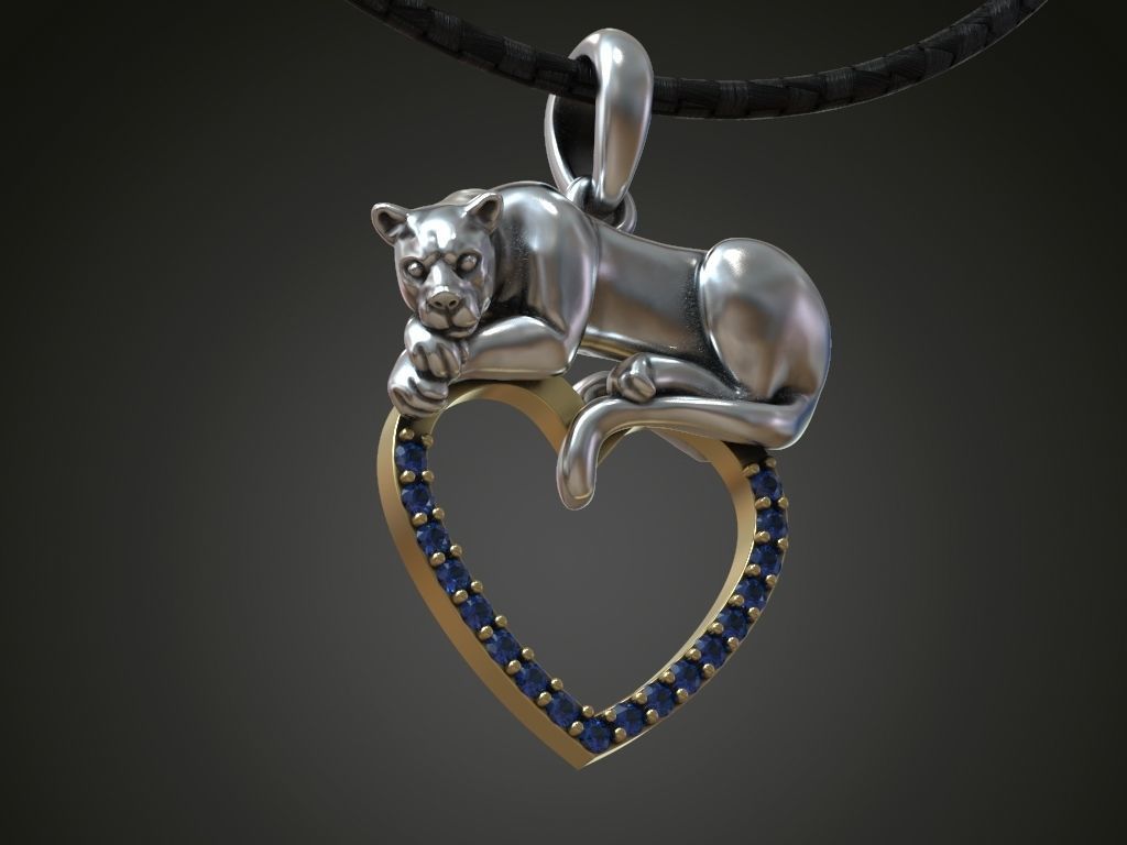 Pendant panther cat lion heart diamonds 3D print model_2