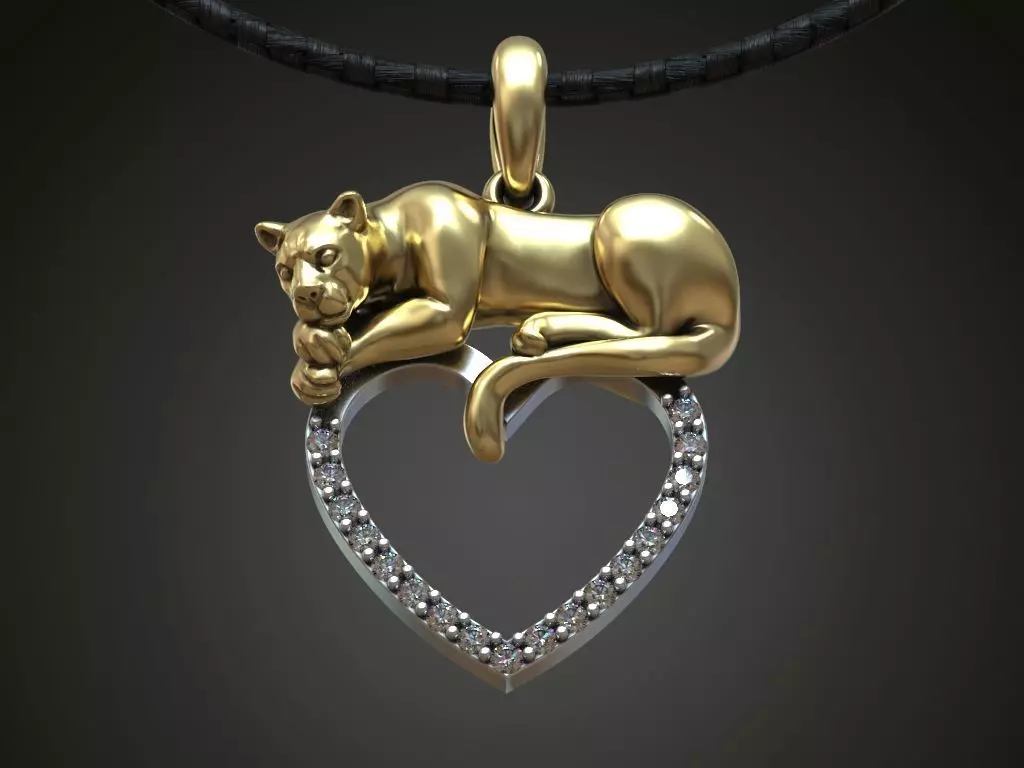 Pendant panther cat lion heart diamonds 3D print model_0