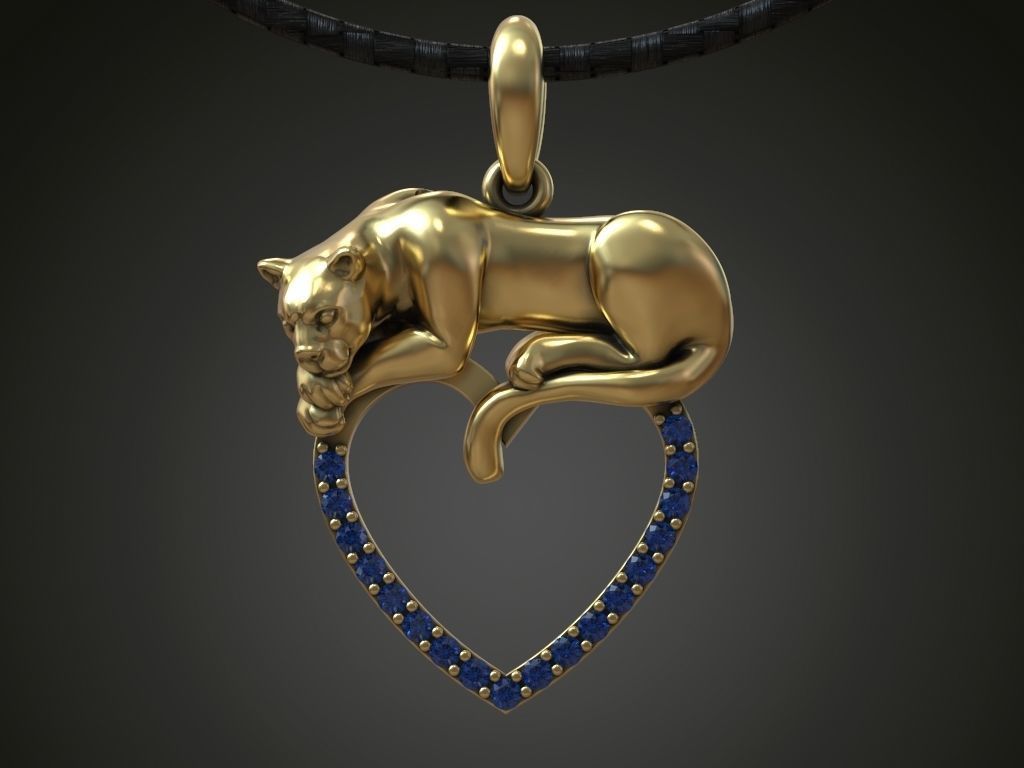 Pendant panther cat lion heart diamonds 3D print model_4
