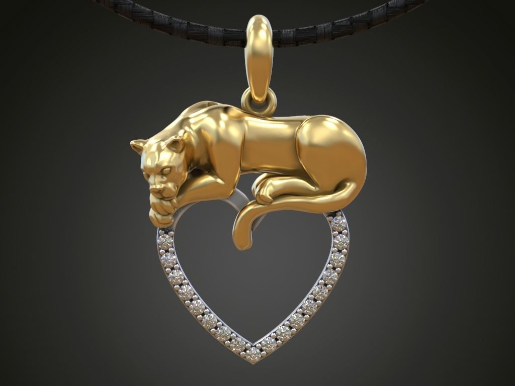 Pendant panther cat lion heart diamonds 3D print model_3