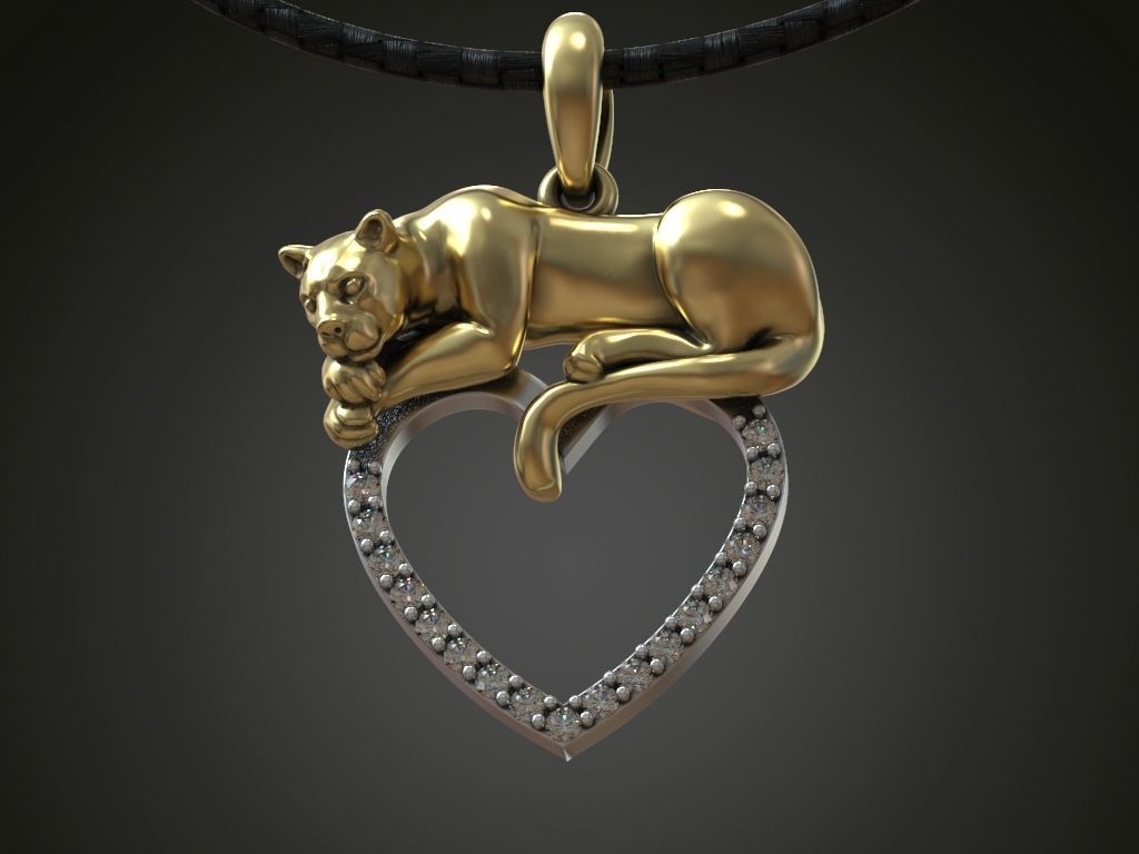 Pendant panther cat lion heart diamonds 3D print model_6