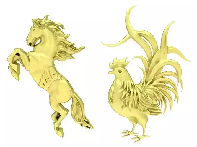 zodiac horse and rooster for jewelry ring or pendant 3915