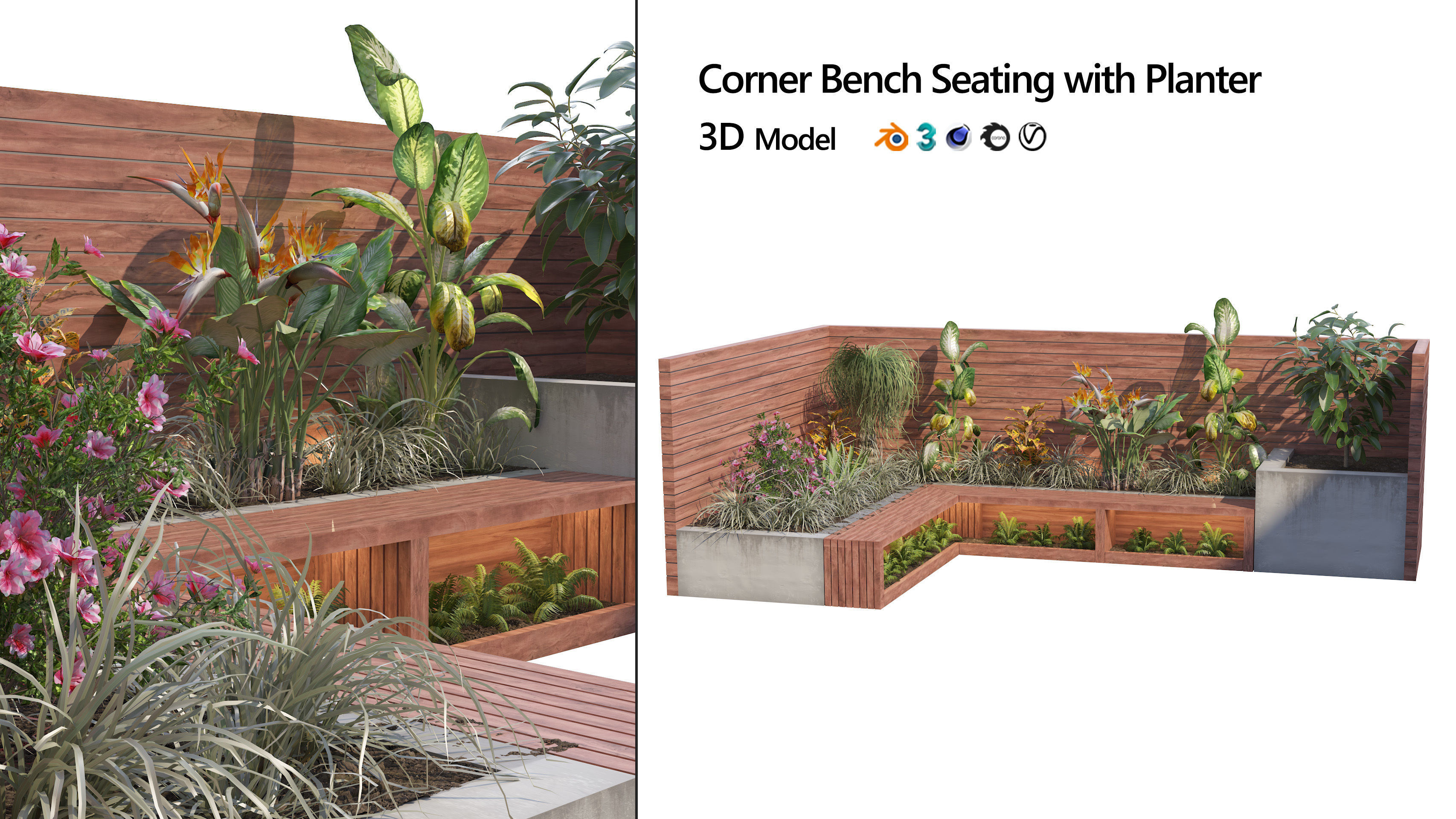 Corner bench seating with planter Low-poly 3D model_1