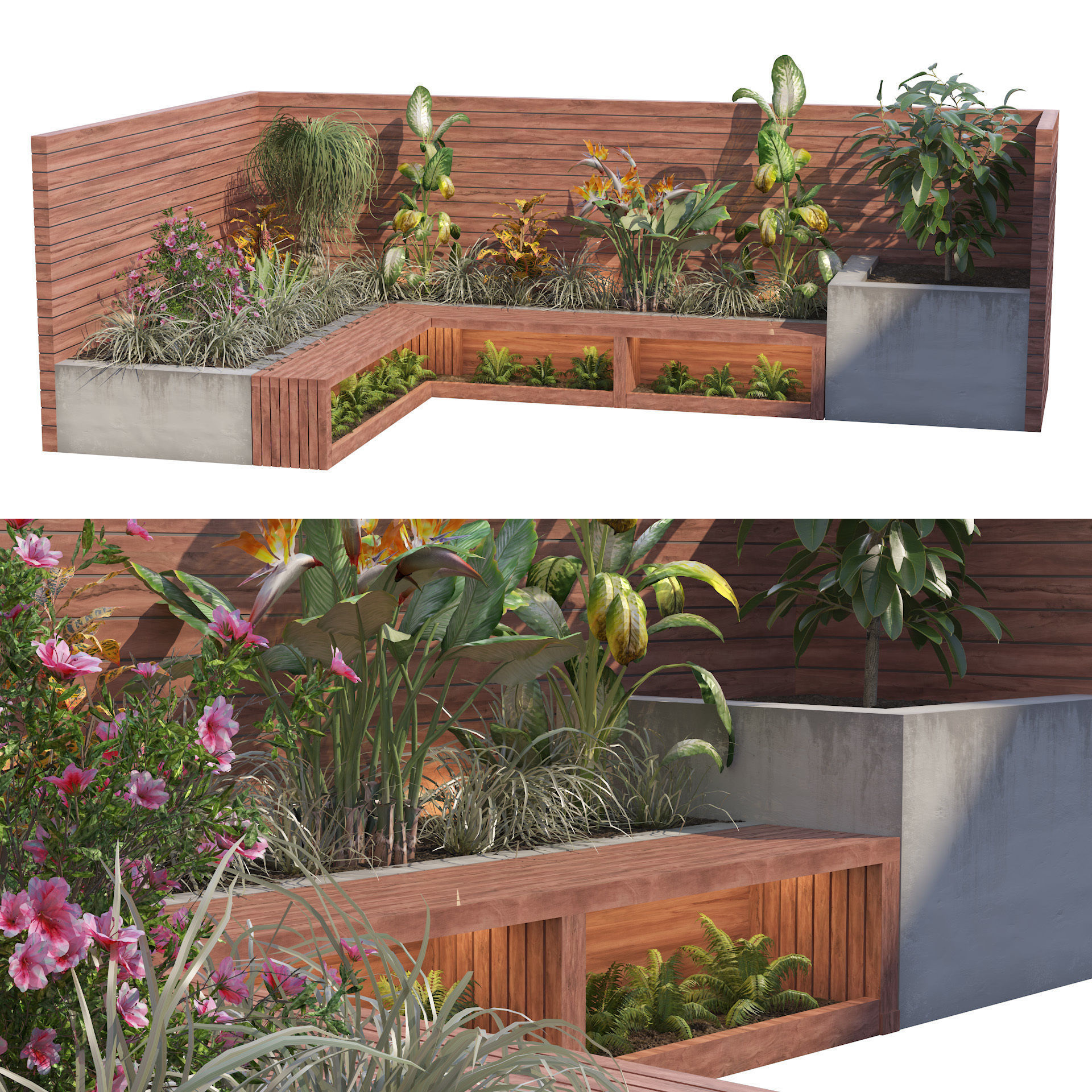 Corner bench seating with planter Low-poly 3D model_7