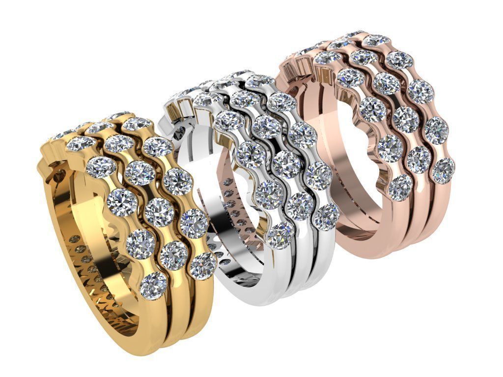 Ring425 gold ring with three rows of diamonds 3D print model_4