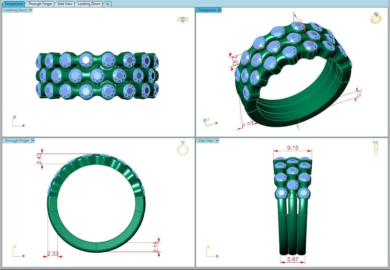Ring425 gold ring with three rows of diamonds 3D print model_5