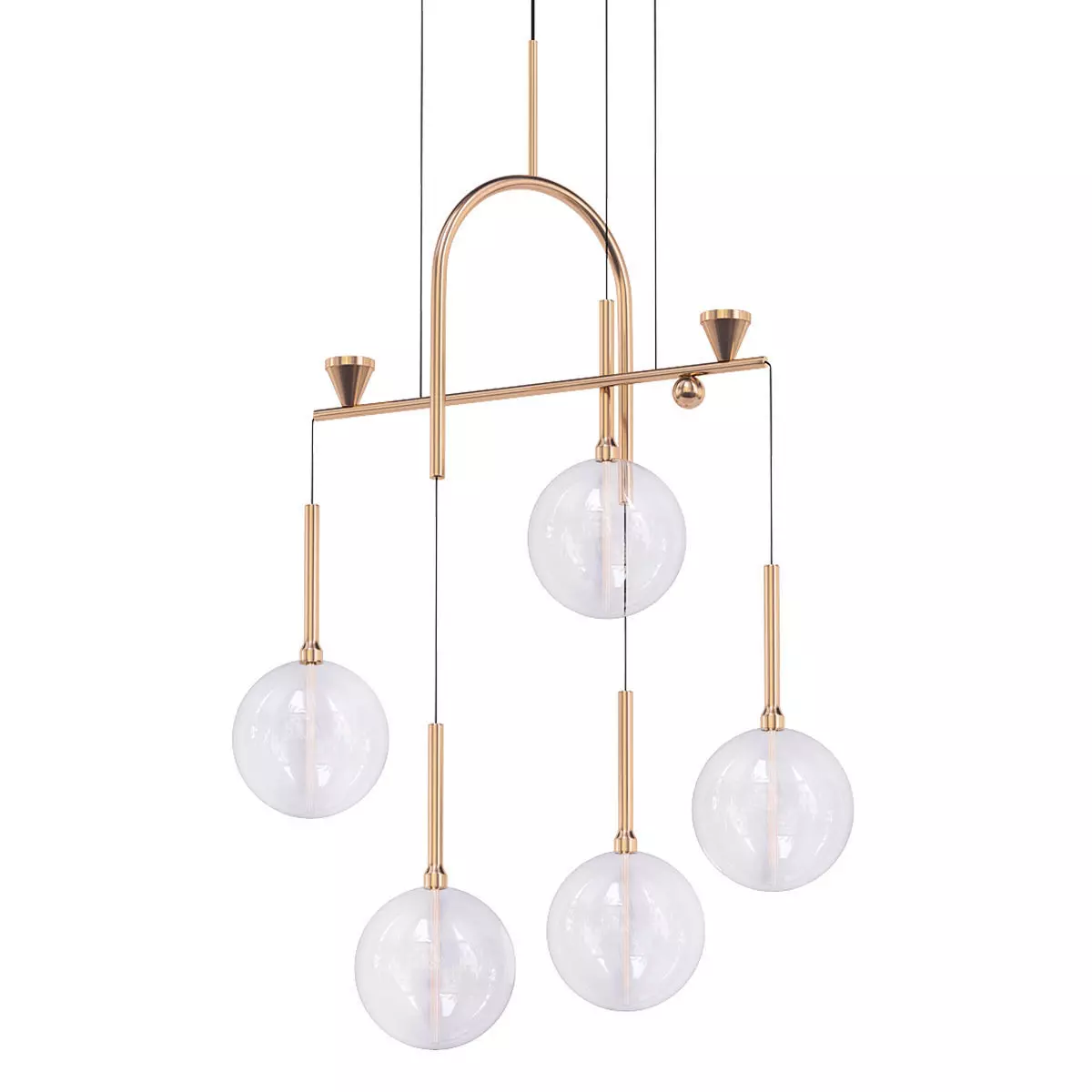 Dewdrops five light chandelier in brass with clear glass globes 3D model_0
