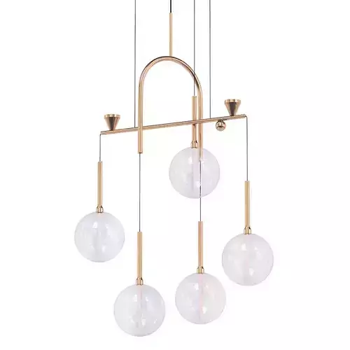 Dewdrops five light chandelier in brass with clear glass globes