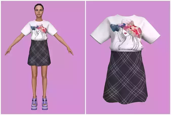 Woman outfit white t-shirt with skirt no shoe 3D model