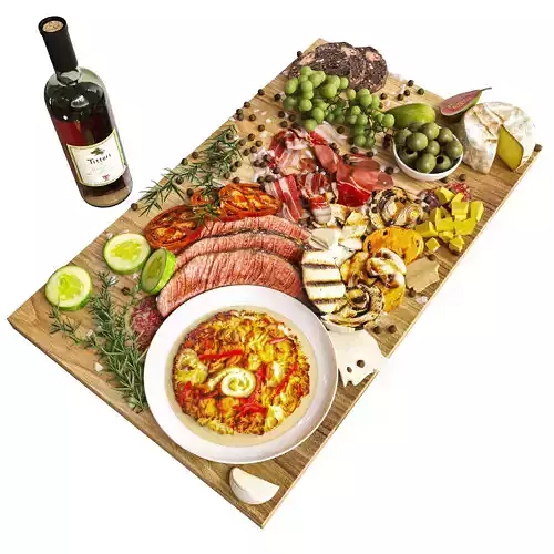 Tray with grilled vegetables and wine 5 3D model