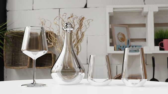 Glass Set of glasses and wine bottle on table 3D model