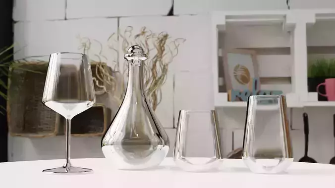 Glass Set of glasses and wine bottle on table