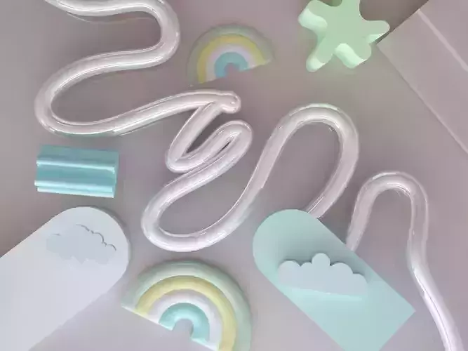 Rainbow and clouds scene with pink background