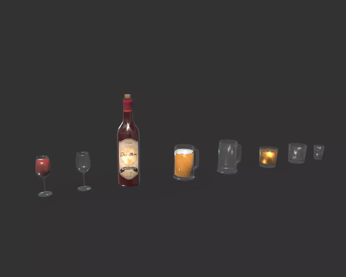 Low-poly Wine bottle and glassware Low-poly 3D model