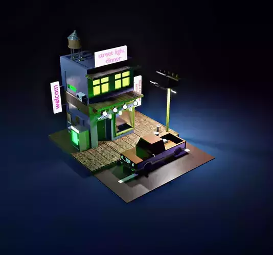3d low poly city lego building at night