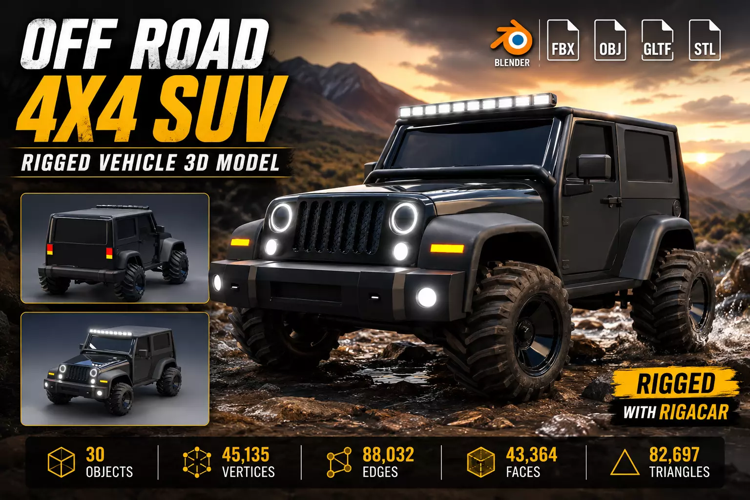 Off Road 4x4 SUV Rigged jeep wrangler Low-poly 3D model