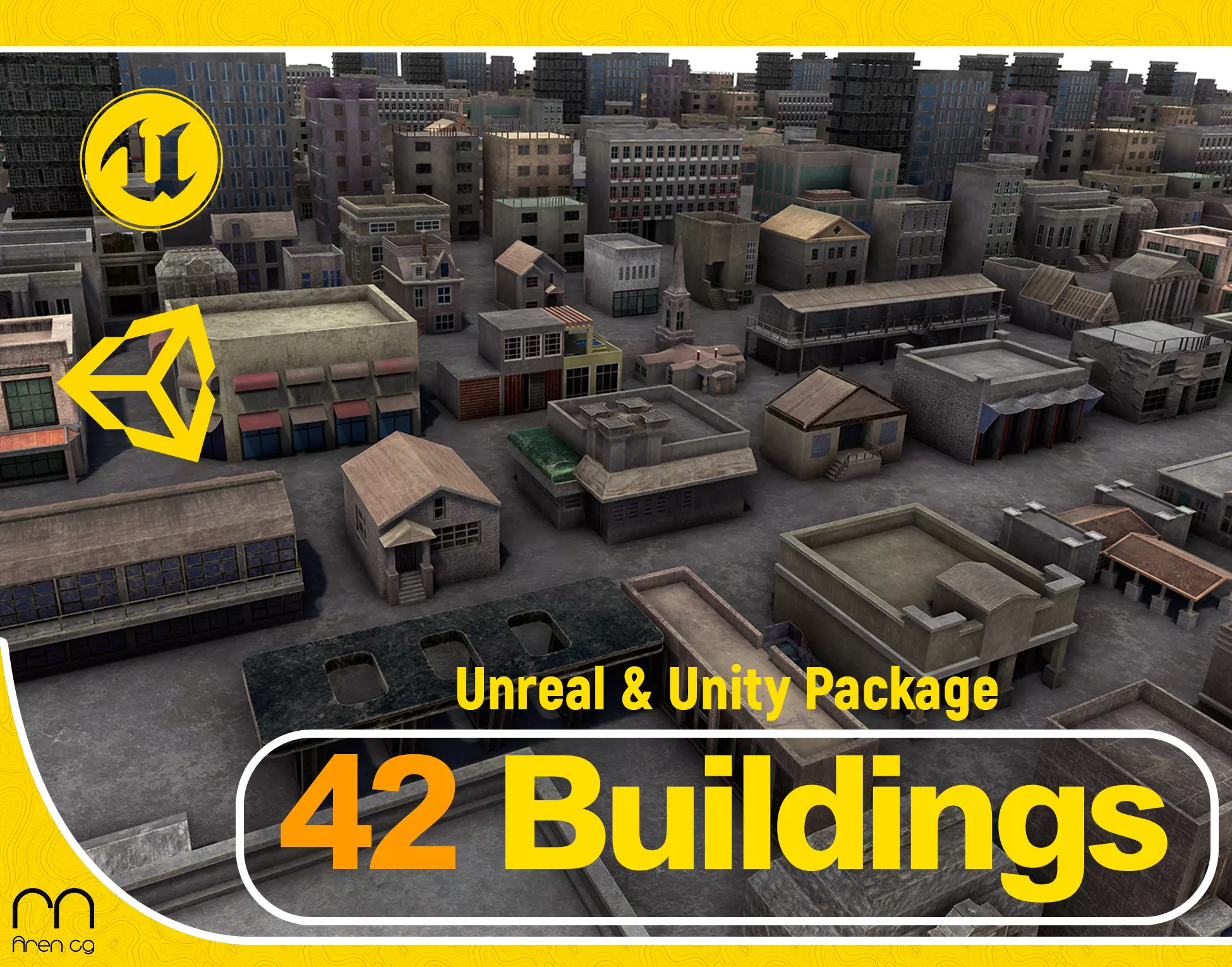 42 buildings for Unity and Unreal Engine Package Low-poly 3D model_0