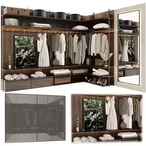 Wardrobe walk in closet with clothes and shoes