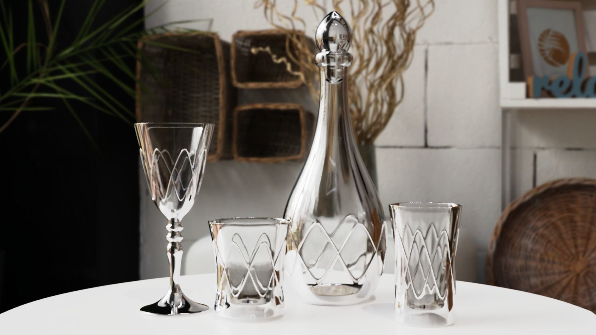 Glass Set silver decanter and glasses on table 3D model_5
